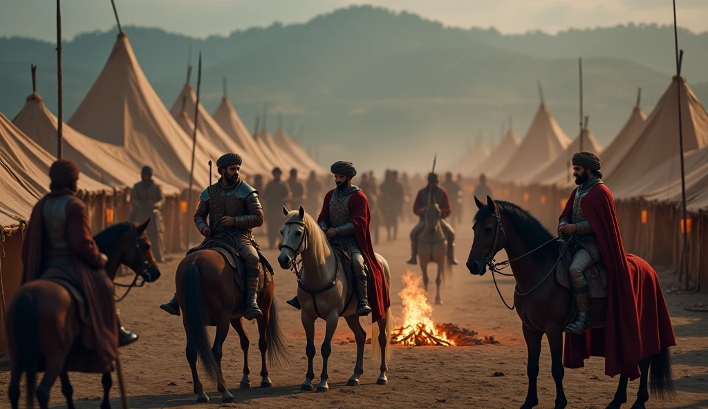 Create a dramatic, ultra-realistic portrayal of Thariq bin Ziyad's camp, with soldiers dressed in traditional Islamic attire including turbans, leather, and iron armor. The camp is set against a grand, cinematic landscape, featuring tents, horses, and campfires. The soldiers are depicted in various activities, such as discussing strategies, maintaining their weapons, and tending to the horses. The backdrop is a vast, underexposed environment with rolling hills and a distant, misty forest. The color grading is detailed, with a balance of warm tones from the campfires and cool, shadowed tones of the landscape, enhancing the dramatic and epic atmosphere