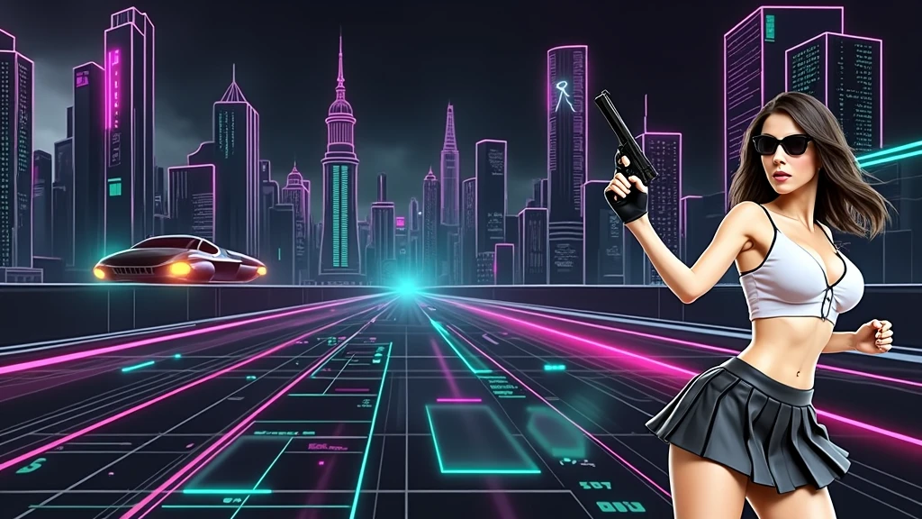 Matrix inspired futuristic cityscapes with colorful all-glass outlined towering skyscrapers with lightning, flying vehicle. High-resolution OLED GUI interfaces in the building, The windows are filled with transparent data visualization infographics that show it all, close-up green glowing cascading code. Colors are saturated and vibrant. At night, (1girl, solo, alone), photorealistic, large-breast slim:0.6 body, oval:0.5 face, cleavage:1.1, very low angle view of pleated miniskirt, deep-v, (upskirt), glove, (Matrix style black micro sunglasses), (aiming viewer with a short gun), dynamic running pose, ((half-body thigh level close-up shot)), cinematic lighting, ray tracing, motion blur background.