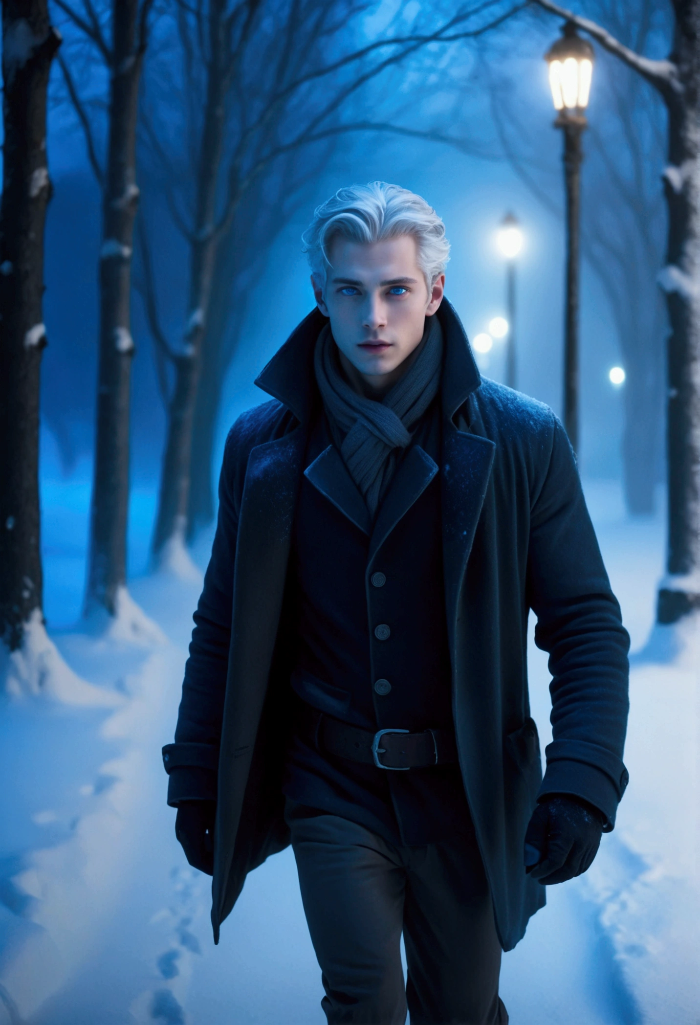 A dark cinematic scene of a beautiful young man with light white skin,medium grey hair,bright blue eyes,with a dark grey winter outfit walking trough the snow at a foggy night