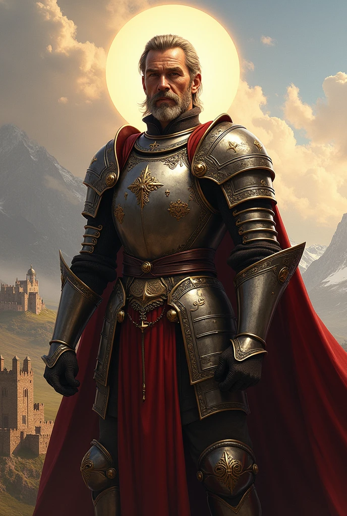 Create an image of MIO CID that portrays a medieval military hero who prefers justice and moderation over revenge, being wise and a model of righteousness. 