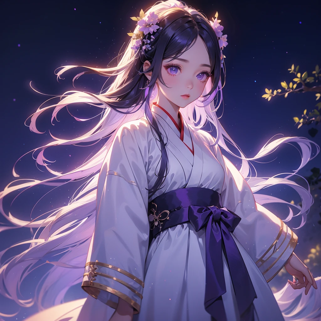 A beautiful female in white hanfu dress , Standing in the middle of Background is a dark moonless night, with dry trees in the background, and purple glowing light , close up.