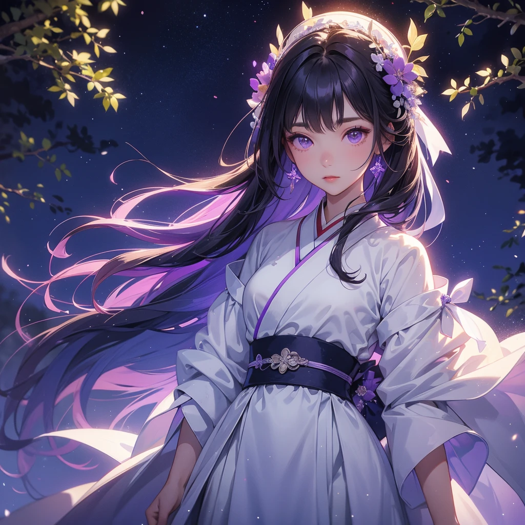 A beautiful female in white hanfu dress , Standing in the middle of Background is a dark moonless night, with dry trees in the background, and purple glowing light , close up.