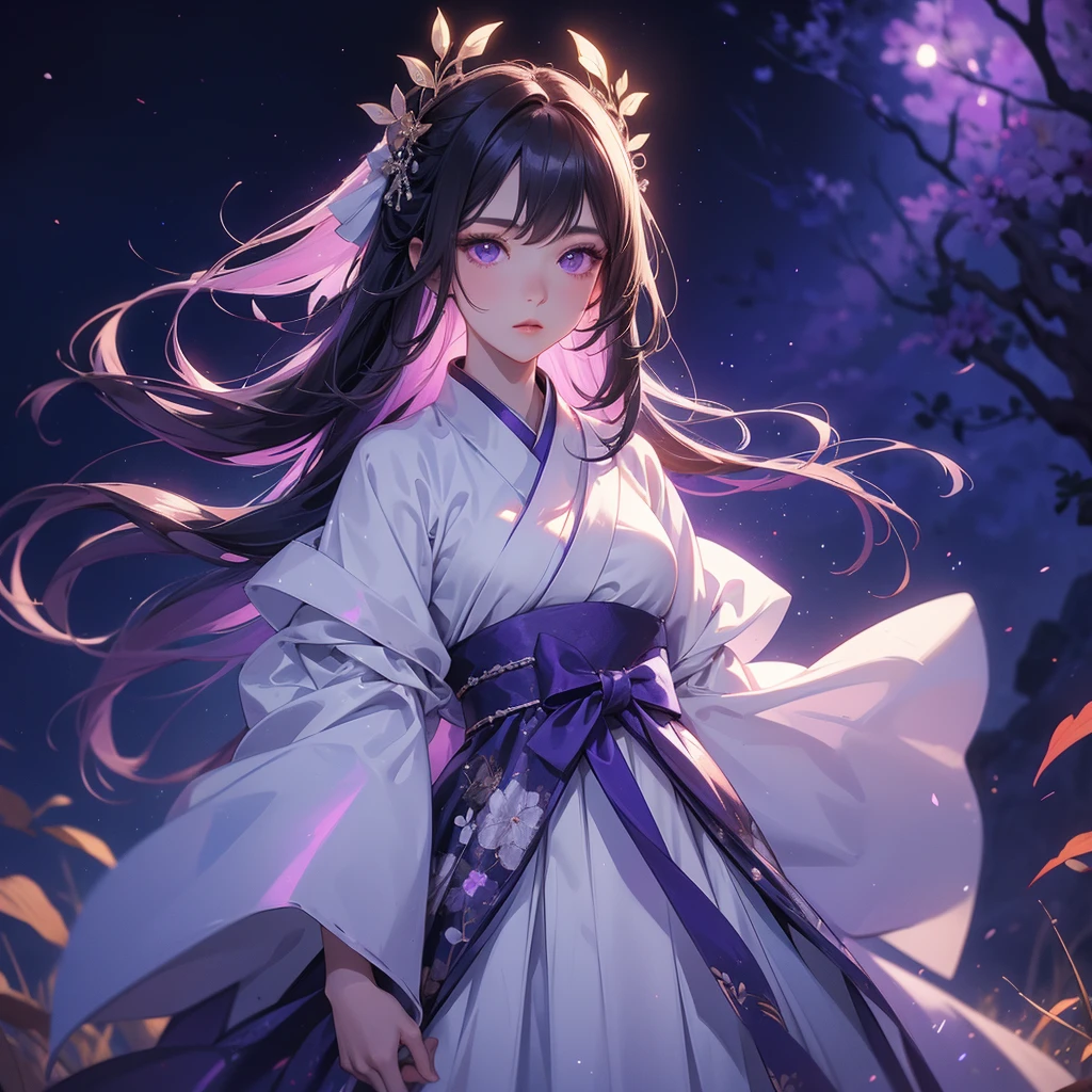 A beautiful female in white hanfu dress , Standing in the middle of Background is a dark moonless night, with dry trees in the background, and purple glowing light , close up.