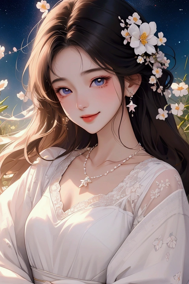 (masterpiece、Highest quality、8k、High resolution)、1 female、(Beautiful Face、Beautiful Face)、Beautiful eyes with slit length、Cute lips、Beautiful Nose、Brownish black hair、smile、(Best anime girl)、Grassland with a forest view、Walking,Colorful flowers blooming in the field,A bright night with the stars clearly visible、milky way、Mysterious light particles from the whole body、Colorful light particles、A mysterious light shining around your head、melt、jewelry、necklace、White lace dress、(Beautiful full body style)、Highly detailed anime art、A complete portrayal、
