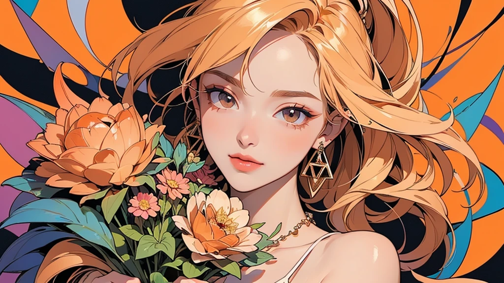 32K, 最高quality, 最高masterpiece, (ultra-Detailed Background, Detailed Background), High resolution, Super detailed, Very detailedな, 1 personの, (bouquet:1.3), (Tangled:1.2), (Geometric:1.2),(colorful),(masterpiece, quality, best quality, Official Art, Beautiful and beautiful:1.2), (1 person:1.3), Very detailed,(colorful:1.1)(Flowers:1.3),Most detailed,(Tangled:1.2), whole body, (Abstract background:1.3), (Skin glows), (Many colors:1.4), ,(Earrings Jewelry:1.5), Pale Orange Background, Gradation, It's imaginative., Flaxen Hair,