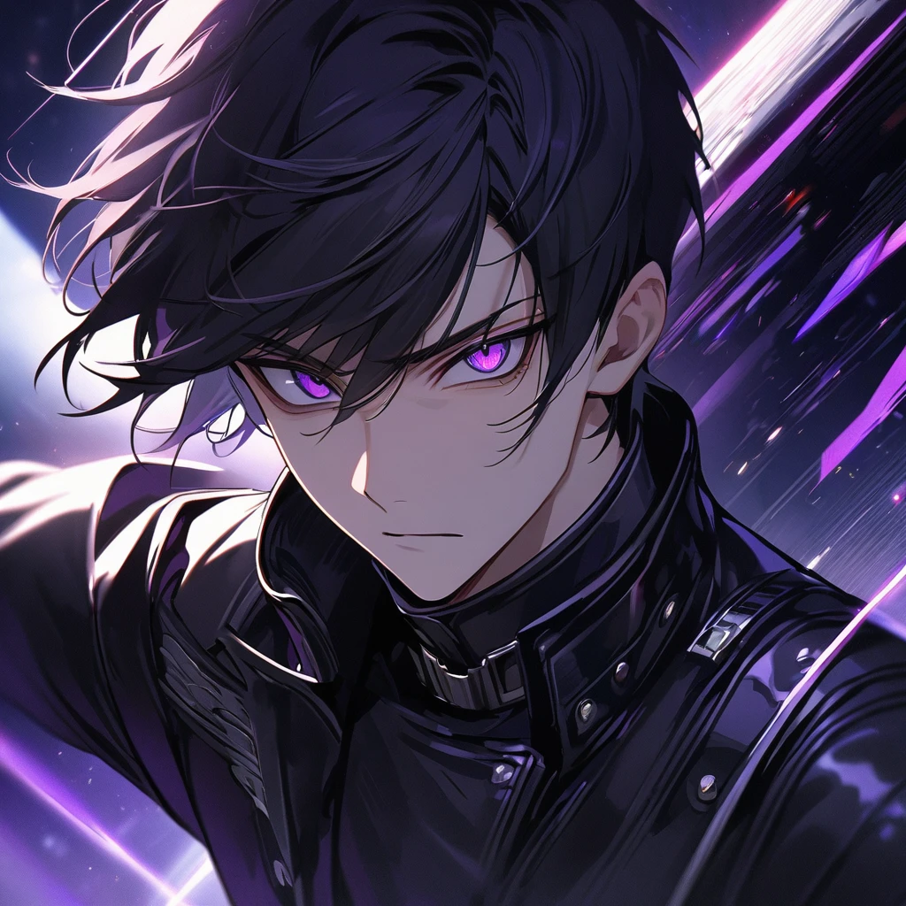 High quality, HD, 4k, no shadows, handsome male, handsome, extremly handsome, 1male, 1 male, ager, pure black hair, short black hair, dark hair, black hair, jet black hair, sharp eyes, deep purple colored eyes, dark purple colored eyes, deep violet eyes, violet eyes, devil may cry, close up, calm expression, stoic expression, black leather clothes, black leather clothing, leather clothing, lean body, well trained body, upper body, looking at viewer, cowboy shot, white solar, space background