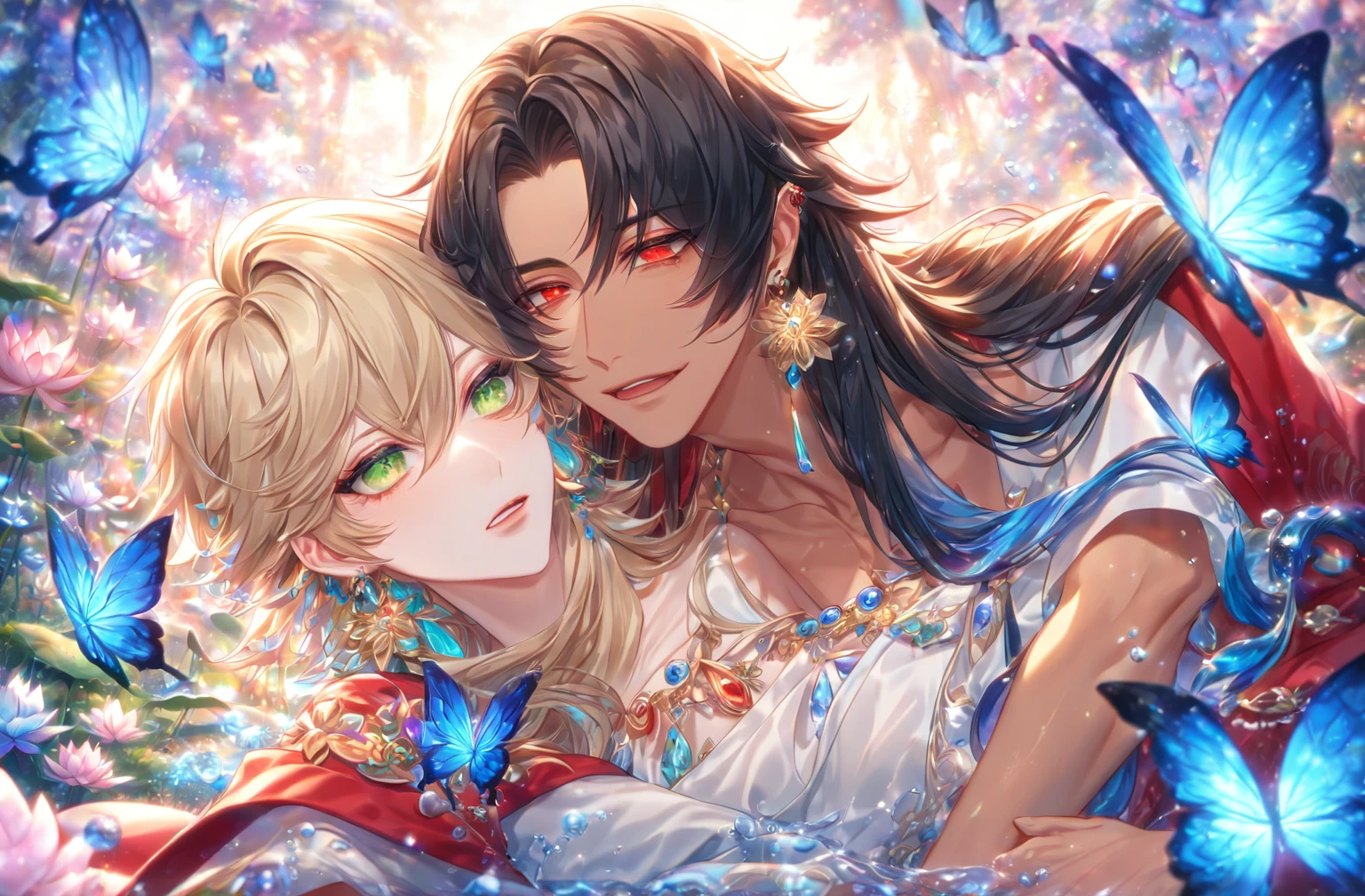 absurdres, highres, ultra detailed, HDR) master piece, best quality, extremely detailed, detailed face, detailed eyes, delicated features, tanned skin, Asura, black long hair, expressive red eyes, Onmyoji, Taishakuten, ash-blonde short hair, expressive green eyes, two men hugging, yaoi, gay couple, handsome, lotus earrings, white tunic with accessories, red haori, showing the chest, fantasy, magical, glittering, water, blue flames, blue moon, blue flowers, blue butterflies, garden