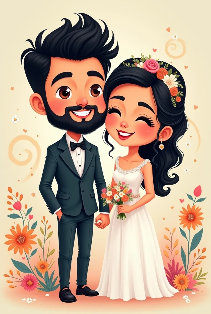 A cartoon-style engaged couple, the groom black hair with bangs, the groom with a beard and curly hair