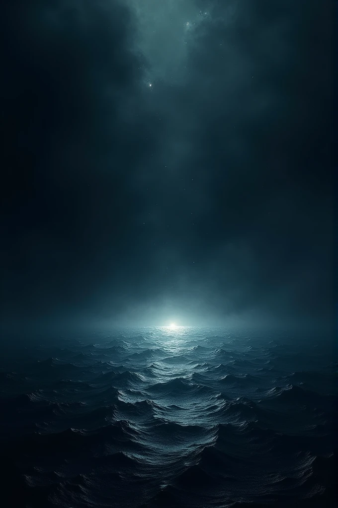 Create a vast, dark space with a subtle texture to suggest deep waters. The scene should be mostly black and dark blue, with a gentle, glowing light hovering in the center to represent the Spirit of God. The glow should be soft, illuminating just a small part of the darkness to create a sense of anticipation.