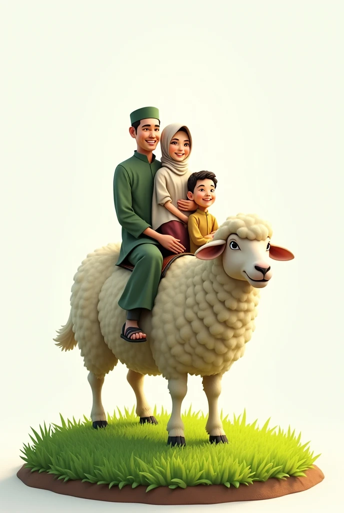 A family, each dressed in simple Muslim clothing, riding a sheep..original human. Native Indonesian people. Eid al-Adha. transparent background. Fresh green shades. facing the camera. Sheep standing on a circle of grass and a layer of soil on the edge. Man