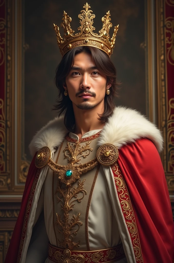 Man with medium brown straight hair, with a crown, declared king