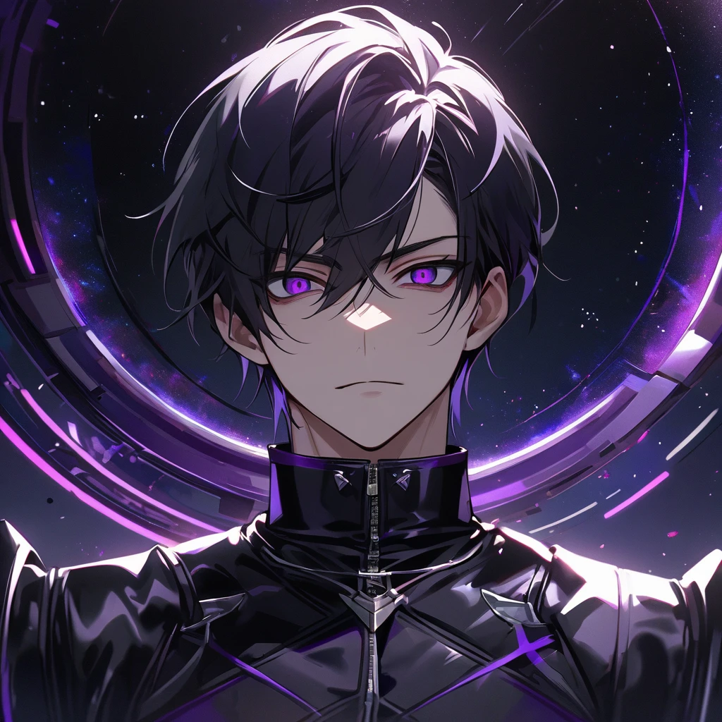 High quality, HD, 4k, no shadows, handsome male, handsome, extremly handsome, 1male, 1 male, , pure black hair, short black hair, dark hair, black hair, jet black hair, sharp eyes, deep purple colored eyes, dark purple colored eyes, deep violet eyes, violet eyes, devil may cry, close up, calm expression, stoic expression, black leather clothes, black leather clothing, leather clothing, lean body, well trained body, upper body, looking at viewer, cowboy shot, white solar, space background