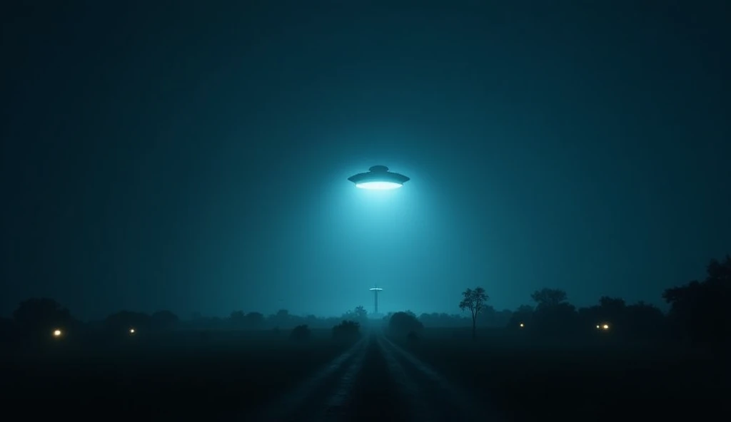 Theme: Very Creepy and Mysterious.
Scene Description: A night sky over Roswell, with a UFO disappearing into the horizon, leaving only a glowing light behind.
Setting: The horizon is dark, with blue lighting creating an atmosphere charged with mystery and speculation.
Start the image at: "One might wonder if we will ever know what truly happened."
End the image at: "We can only marvel that these two incidents combined have been not just the gateway to extraterrestrial debates as we know them today."
