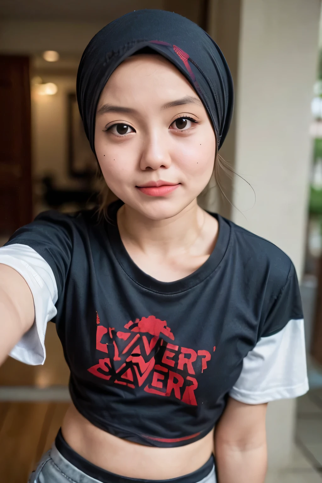 ((CROPPED SLAYER TSHIRT:1.49)), HIJAB GIRL STYLISH & WEARING HOTPANTS, masutepiece, High quality, UHD 32K, Realistic face, Realistic skin feeling , A Japanese Lady, 5 matured lady, , Very cute and baby-like face, (((FLAT CHEST))), (Night time at forest), ((look In front at the camera and SADNESS)), (((CUTE GIRL))),
