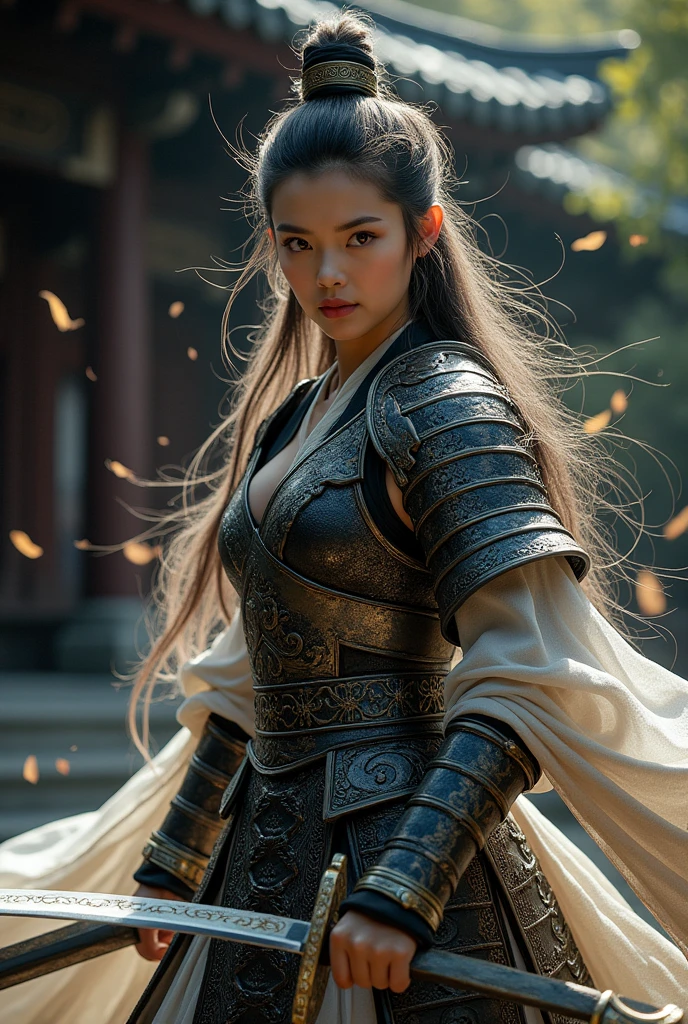 A young Chinese woman with long hair is depicted wearing traditional East Asian warrior armor in black, white, and gold. She is engaged in combat, wielding an ancient Chinese broadsword. Her body is surrounded by a shimmering silver aura that radiates outward. The dark background features elements of ancient East Asian architecture, such as tiled roofs and wooden columns. The outdoor scene includes natural elements like bamboo trees or shrubs. The lighting suggests an early morning or late afternoon, creating a serene yet mysterious atmosphere. Scattered leaves add to the sense of movement and tranquility. wearing some armor, show real pussy, show real vagina , show real breast, nude