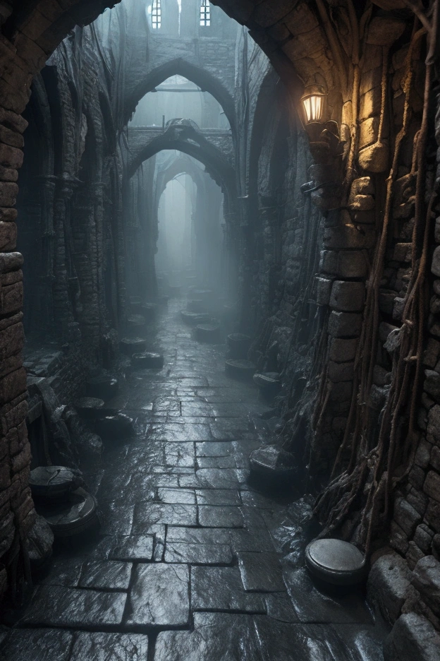 The Sewers of Dol Guldur, a dark and terrible medieval style place The place is damp, full of mud on the walls made of stone.On the ground there will be a stream of dark and fetid water. A mist hangs over the ground.