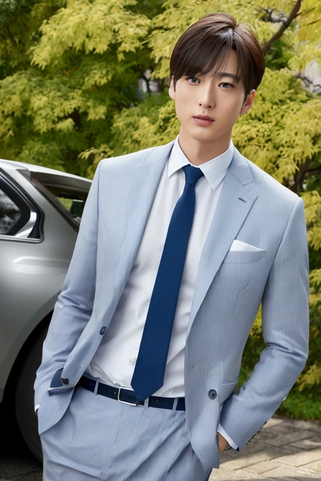 (One wearing a full light blue striped suit、White shirt、tie、Japanese man about 180cm tall)、best quality、masterpiece、Ultra-high resolution、(Photo realism:1.4)、original photo、(街道上One wearing a full light blue striped suit、White shirt、打tie的年輕英俊的日本男人、Standing under the ginkgo tree、Yellow and big ginkgo leaves、Clear details of leaves)、(There is a white BMW840I next to the man、Man's hands on car roof) shadow、Octane Rendering、8K、super sharp、real light、(There is only one white BMW on the street、man's shining eyes、looking in the direction of the camera)、super high quality、High target、gentleman、very beautiful hair、Bright photos、The man is as handsome as a model and as handsome as an idol,Professional profile photo, Professional portraits、Realistic portraits, Detailed color portrait, Idol portrait, high quality photos.
