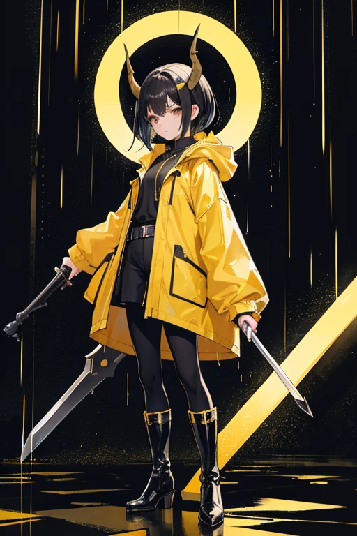 She is female, has short black hair and horns, wears a yellow raincoat, black pants, brown boots, and holds a sword of darkness. And the weather is rainy in the arena
