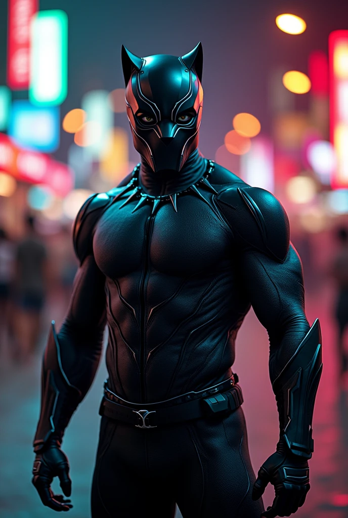 Black panther costume wear by man stand on delhi road background have lights of different colours