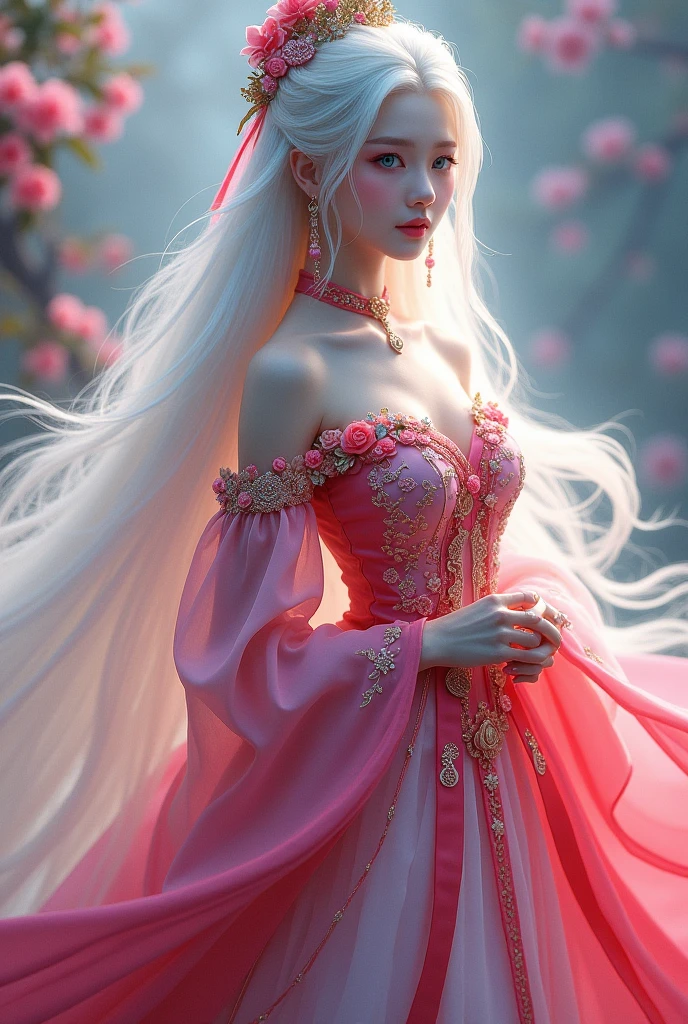 Princess, (((pink and red dress))), flowers, jewelry, long sleeves, wide sleeves, chinese clothes, hanfu, embroidery, long skirt, long flowing white hair, detailed face, detailed beautiful blue eyes, (intricate:1.3), (arcane aura:1.2), (dreamlike: 1.3), (subtle mist:1.1), (vibrant colors: 1.2), (detailed hair:1.3), (ultra realistic details:1.5), full body pic