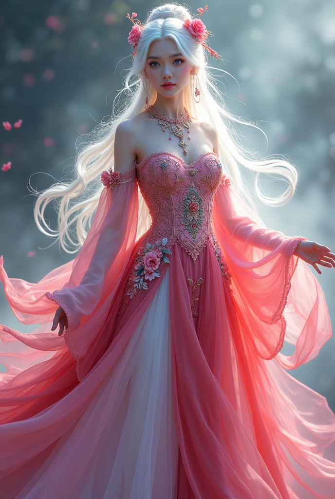 Princess, (((pink and red dress))), flowers, jewelry, long sleeves, wide sleeves, chinese clothes, hanfu, embroidery, long skirt, long flowing white hair, detailed face, detailed beautiful blue eyes, (intricate:1.3), (arcane aura:1.2), (dreamlike: 1.3), (subtle mist:1.1), (vibrant colors: 1.2), (detailed hair:1.3), (ultra realistic details:1.5), full body pic