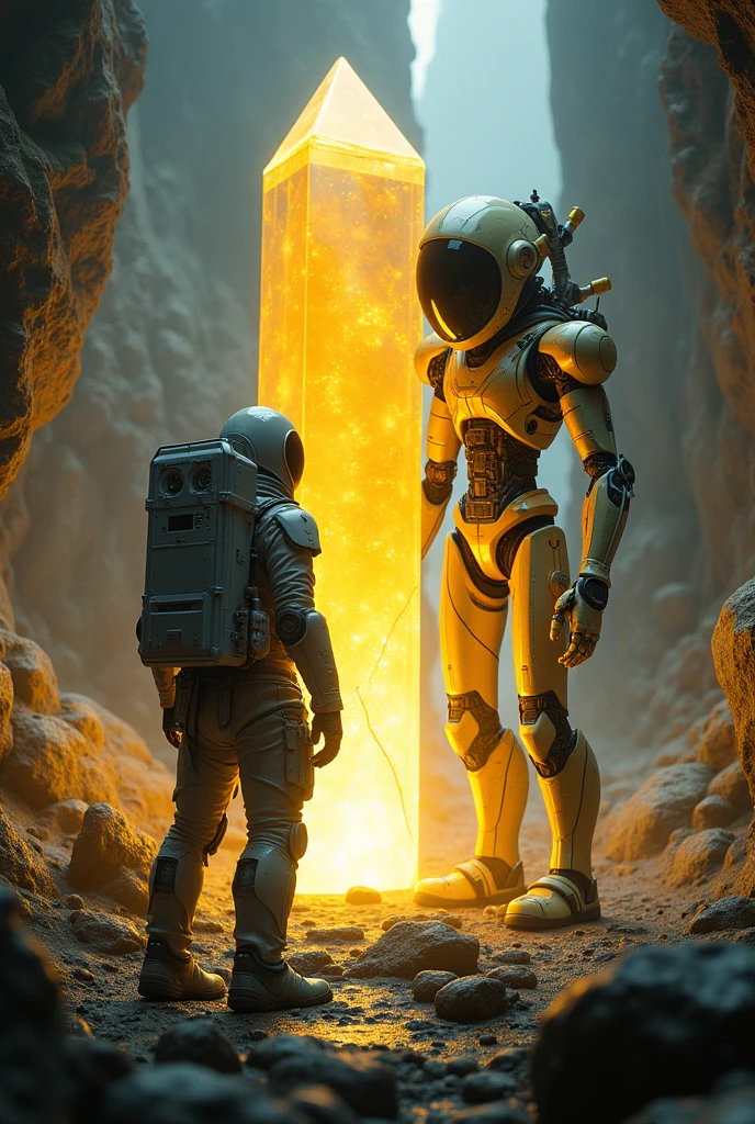 
Creative image in which a man in advanced spaceship suit finding a golden big crystal in a cave keypad advanced robot in front of the Crystal