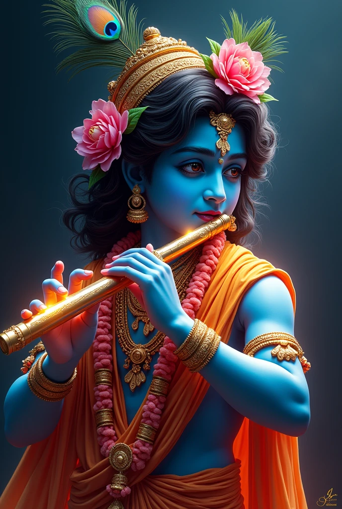 ### **Detailed Prompt:**
Create a highly detailed digital painting of Lord Krishna playing the flute. The artwork should feature vibrant, glowing colors with a focus on contrasting hues, including deep blues for Krishna's skin, and warm oranges, yellows, and greens for his clothing and accessories. Krishna's face should be partially shadowed, with intricate details in his hair, adorned with glowing golden elements and peacock feathers. The flute should appear as if it’s glowing with an ethereal light, matching the surrounding color scheme. The background should be dark, allowing the luminous elements of Krishna’s attire and accessories, including a garland of pink flowers, to stand out prominently.
### **Image Style:**
The image style is a neon-glow effect combined with a dark, contrasting background, creating a dramatic and ethereal atmosphere. The artwork incorporates elements of both traditional and modern styles, with a focus on rich, luminous colors that pop against the dark backdrop. The use of vibrant, glowing colors adds a sense of divine energy, while the intricate details in the jewelry, clothing, and flute highlight the craftsmanship. The style also emphasizes the fluidity of light and shadow, giving Krishna a mystical and divine aura.