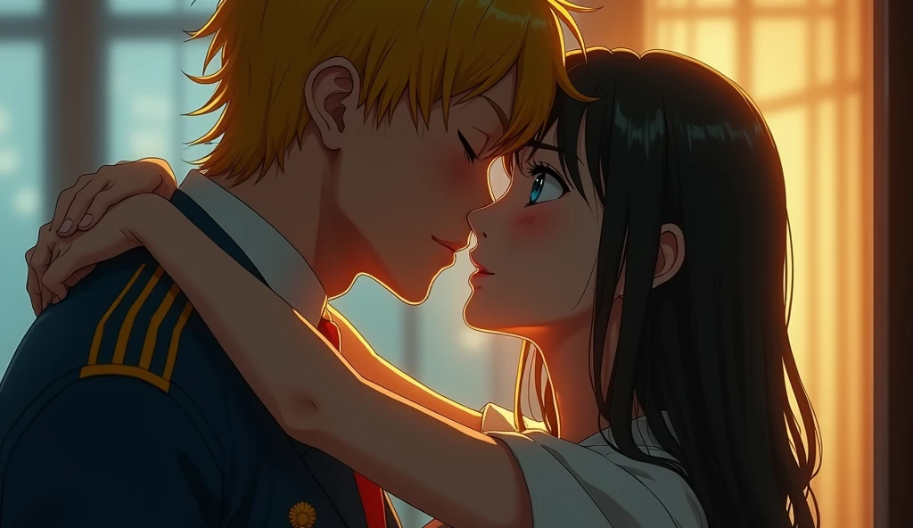 (32K:1.9, Realistic:1.9, Highest quality, masterpiece, Ultra-high resolution), Perfect dynamic composition:1.3, Highly detailed skin and facial textures:1.3, (Cute sexy slim Japanese schoolgirl, Height: 155cm), (Slim man, Length 180cm), ((both are sitting, A man carries a woman in his arms:1.3, to kiss:1.4)), Fair skin, ((Clarity:1.1)), (The guy has a great uniform:1.3, Bright yellow hair, beautiful目:1.3), (The woman is wearing a uniform with a light blue tie..:1.3, Straight black hair.:1.3, smile:0.9, A man completely charms a woman:0.9, beautiful Blue Eyes, beautiful, Clear Eyes:0.8), Sexy Face:0.4, blush:1.1, (beautifulエロティシズムを醸し出す雰囲気:0.8), Professional random camera work, Cinematic Lighting Effects, (Full Body Shot), (Too erotic), romantic, mysterious, Object of admiration, original, dramatic, artistic, Innovative, charm, Heartful, Fancy, Tilt, sense of loss, special, exciting, Extreme, sense of openness, joy, joyの表現, ((若さのcharm, 女性的なcharm))