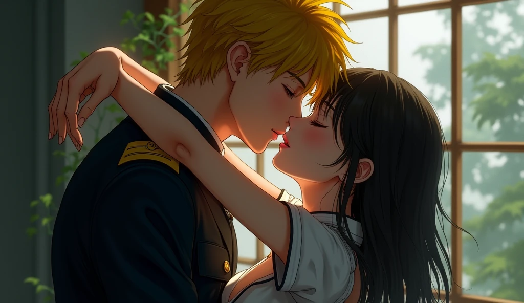 (32K:1.9, Realistic:1.9, Highest quality, masterpiece, Ultra-high resolution), Perfect dynamic composition:1.3, Highly detailed skin and facial textures:1.3, (Cute sexy slim Japanese schoolgirl, Height: 155cm), (Slim man, Length 180cm), ((both are sitting, A man carries a woman in his arms:1.3, to kiss:1.4)), Fair skin, ((Clarity:1.1)), (The guy has a great uniform:1.3, Bright yellow hair, beautiful目:1.3), (The woman is wearing a uniform with a light blue tie..:1.3, Straight black hair.:1.3, smile:0.9, A man completely charms a woman:0.9, beautiful Blue Eyes, beautiful, Clear Eyes:0.8), Sexy Face:0.4, blush:1.1, (beautifulエロティシズムを醸し出す雰囲気:0.8), Professional random camera work, Cinematic Lighting Effects, (Full Body Shot), (Too erotic), romantic, mysterious, Object of admiration, original, dramatic, artistic, Innovative, charm, Heartful, Fancy, Tilt, sense of loss, special, exciting, Extreme, sense of openness, joy, joyの表現, ((若さのcharm, 女性的なcharm))