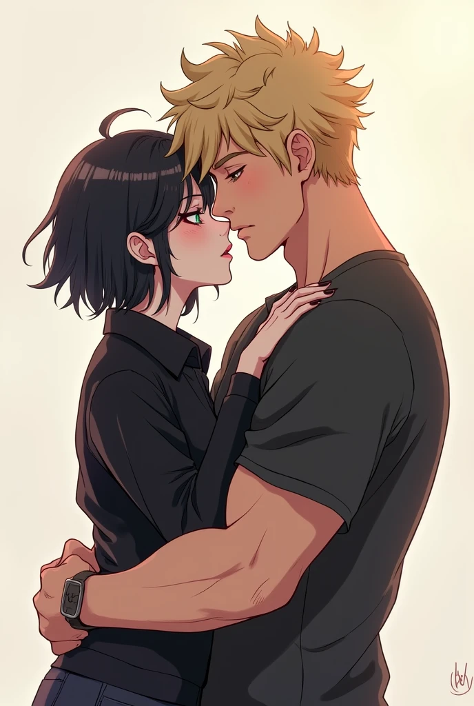 A very cute goth femboy boy with his strong blond masculine boyfriend, they are very much in love with each other, Image made with anime lines
