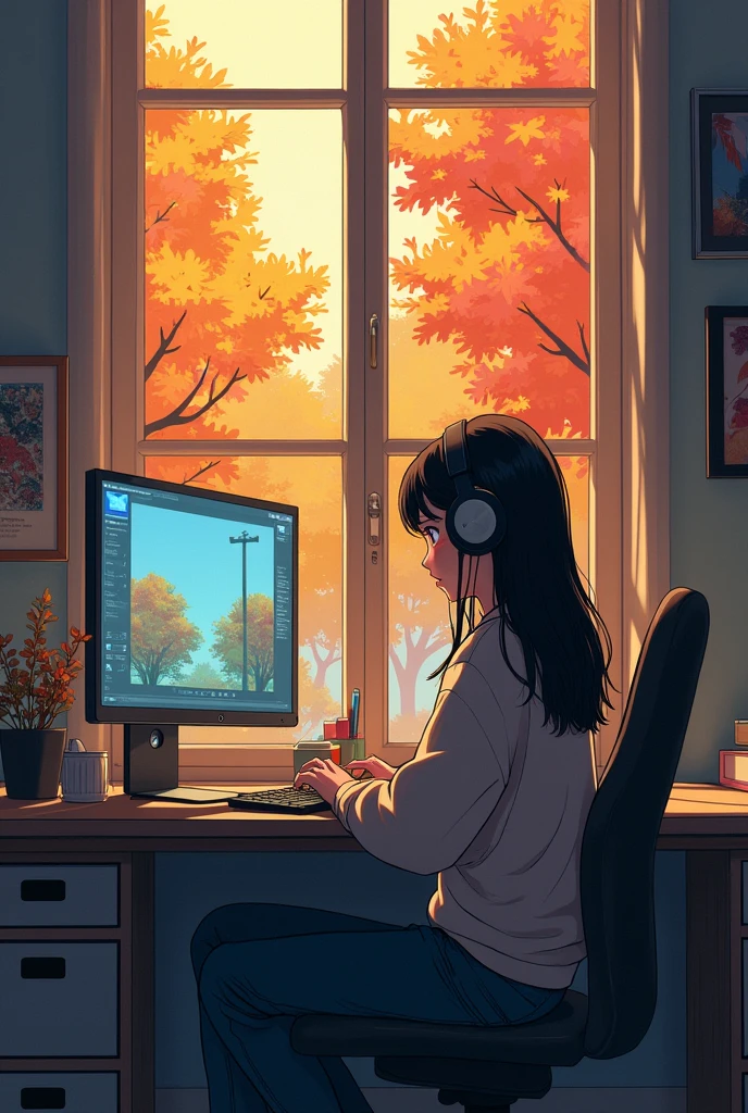 A girl sitting at a desk using a computer、,Wearing headphones、Looks boring、Outside the window is a park. autumn. autumn. Adrian Jeanie style, Try Andrews, Aesthetics 90s Anime.