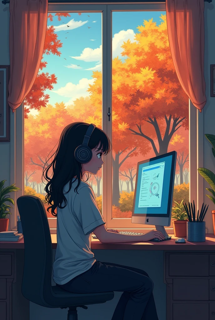 A girl sitting at a desk using a computer、,Wearing headphones、Looks boring、Outside the window is a park. autumn. autumn. Adrian Jeanie style, Try Andrews, Aesthetics 90s Anime.