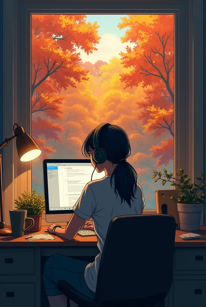A girl sitting at a desk using a computer、,Wearing headphones、Looks boring、Outside the window is a park. autumn. autumn. Adrian Jeanie style, Try Andrews, Aesthetics 90s Anime.