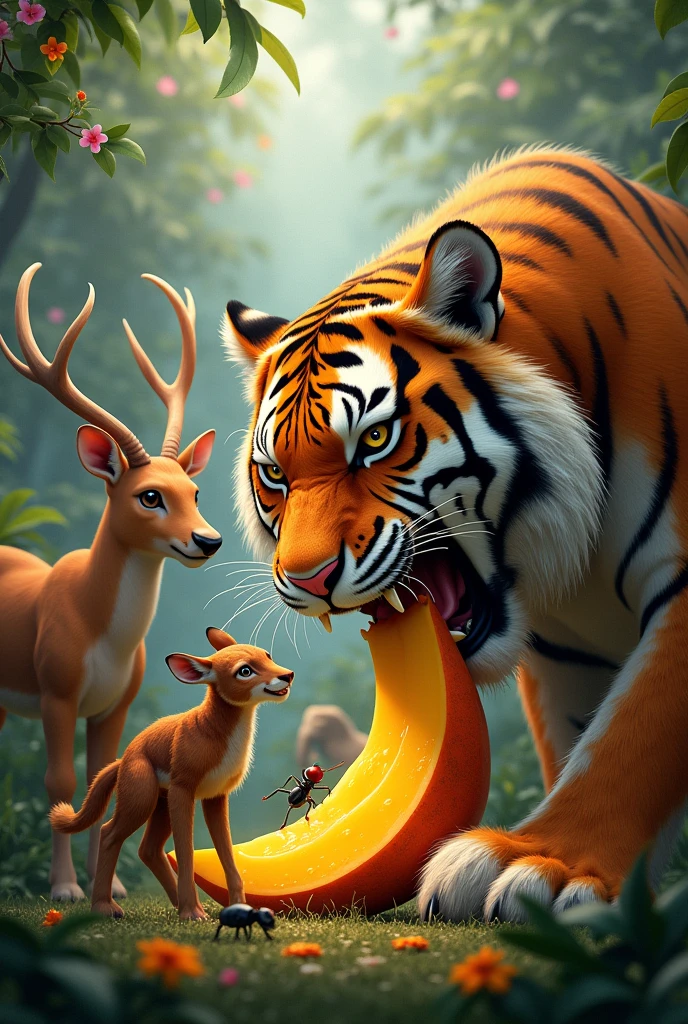 Tiger eats mango sitting with lion deer elephant ant