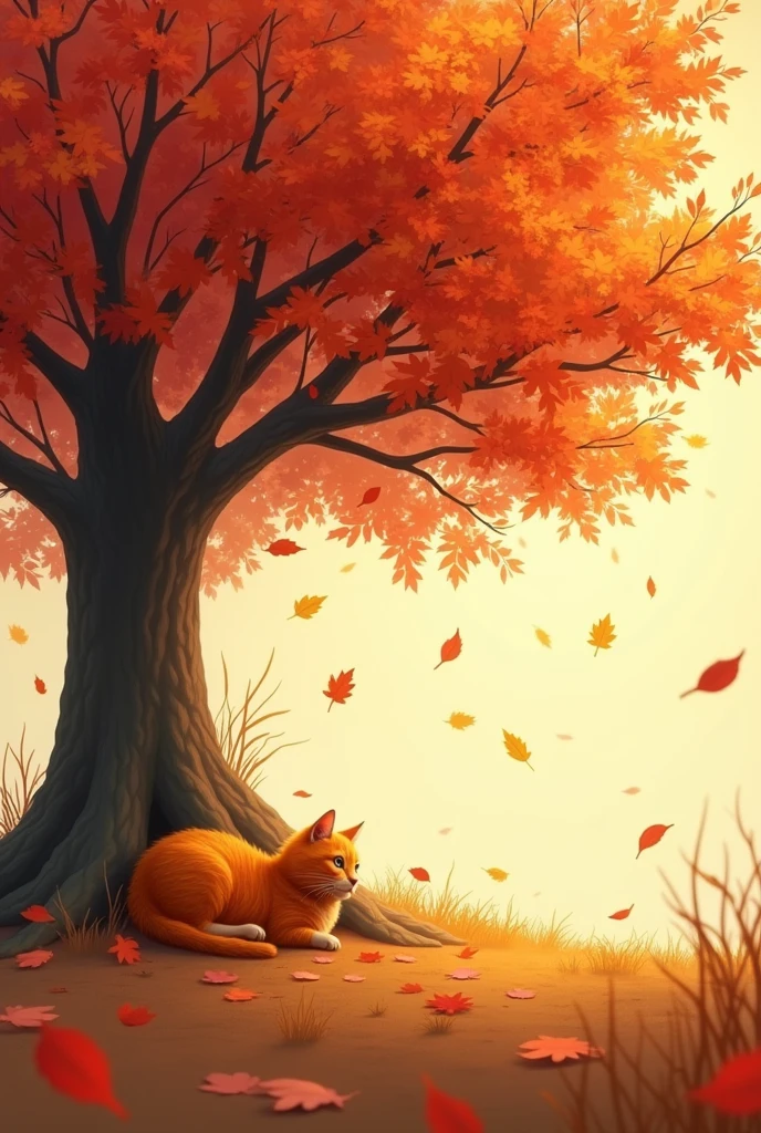 A small orange lazy little cat under a vibrant autumn tree. The leaves of the autumn tree are falling from the wind and the cat is lazily staying under the tree while the scenery is so beautiful and vibrant with the autumn leaves falling. Make the tree in a full view while the focus is the tree and the cat is beside it looking small