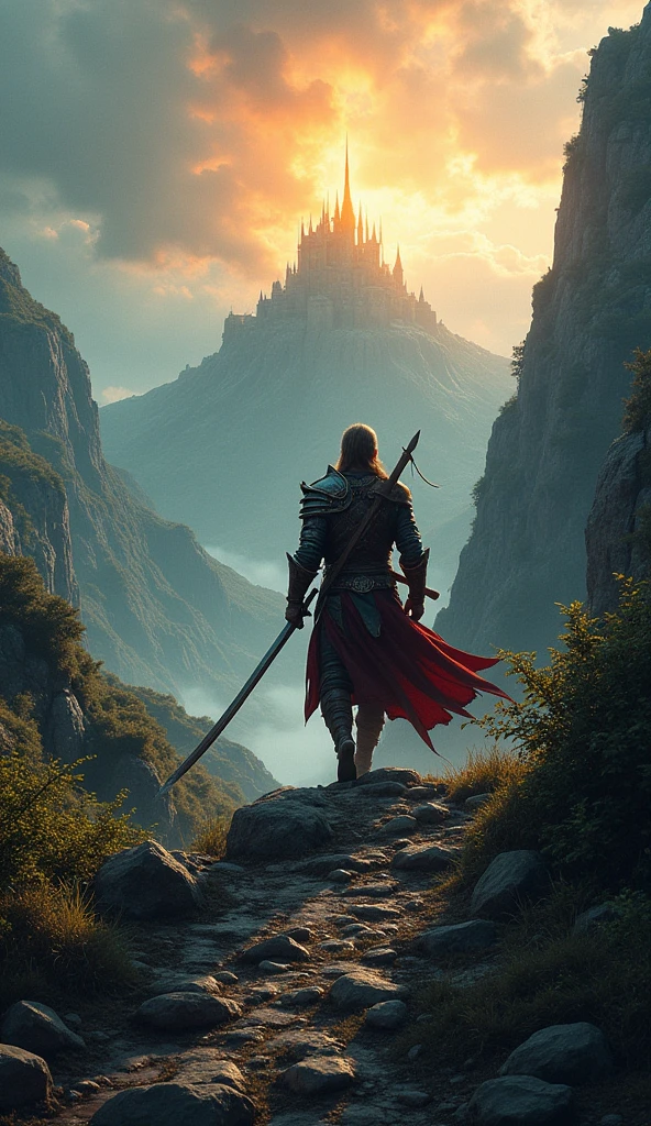 A warrior with a determined expression, sword drawn, battling through obstacles toward a distant shining city on a hill, representing the ultimate goal.