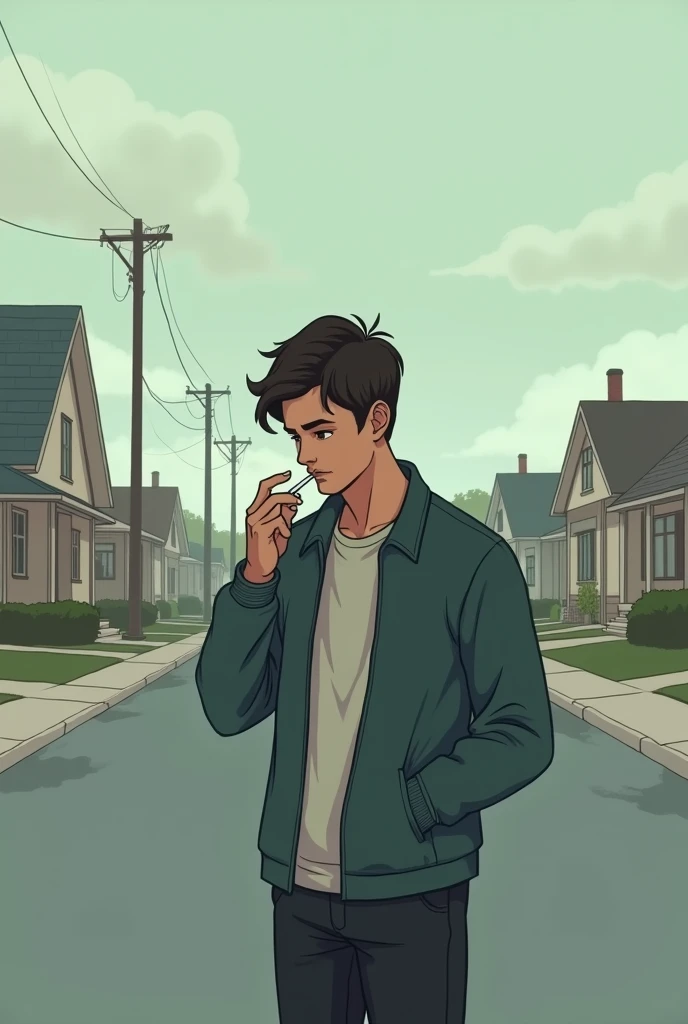 Young man smoking in the neighborhood sad cartoon