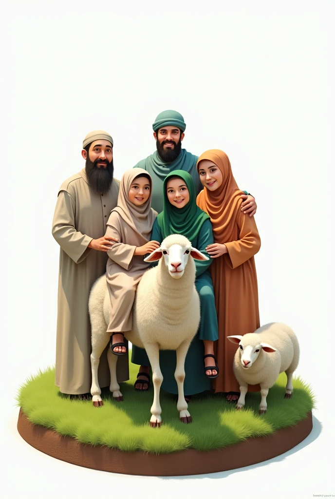 A family of people, each dressed in simple Muslim clothing, are riding a sheep..original human. Native Indonesian people. Eid al-Adha. transparent background. Fresh green shades. facing the camera. Sheep standing on a circle of grass and a layer of soil on the edge. Man