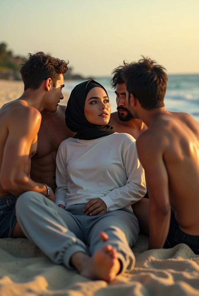 with black headscarf, white long sleeve t shirt, barefoot , Sexy slim woman in grey sweatpants lies on the beach. 4 men touching a woman.