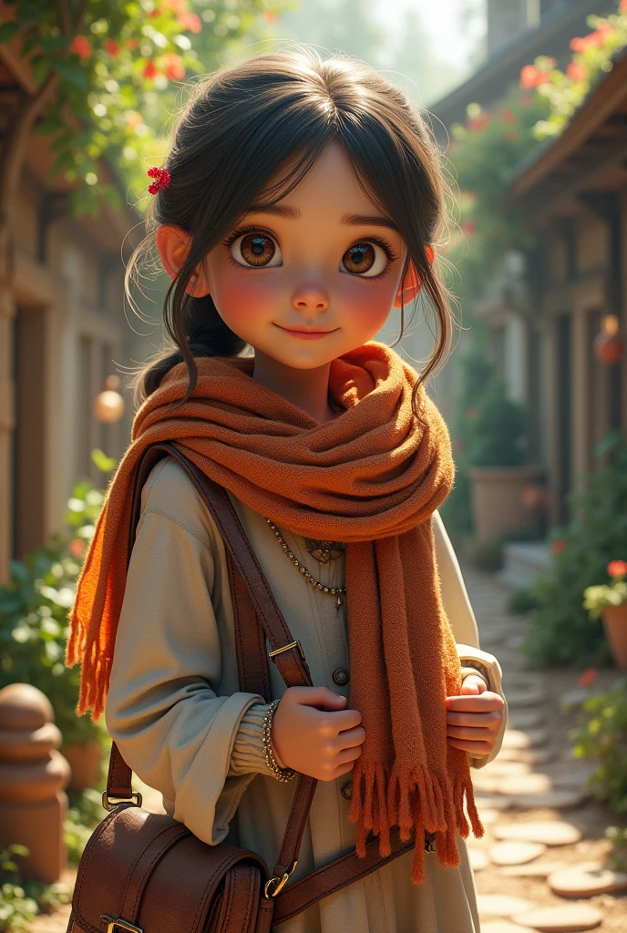 generates an image of a girl with a scarf that turns into a purse