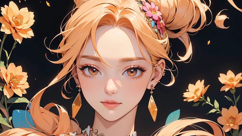 32K, 最高quality, 最高masterpiece, (ultra-Detailed Background, Detailed Background), High resolution, Super detailed, Very detailedな, 1 personの, (bouquet:1.3), (Tangled:1.2), (Geometric:1.2),(colorful),(masterpiece, quality, best quality, Official Art, Beautiful and beautiful:1.2), (1 person:1.3), Very detailed,(colorful:1.1)(Flowers:1.3),Most detailed,(Tangled:1.2), whole body, (Abstract background:1.3), (Skin glows), (Many colors:1.4), ,(Earrings Jewelry:1.5), Pale Orange Background, Gradation, It's imaginative., Flaxen Hair,