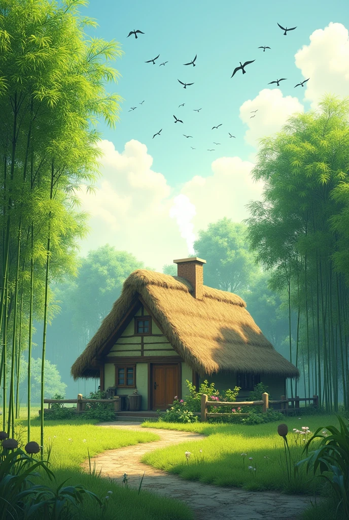 Give me a vivid picture of a 70s thatched house with green bamboo trees, quiet sunlight, flocks of birds flying back, and kitchen smoke.