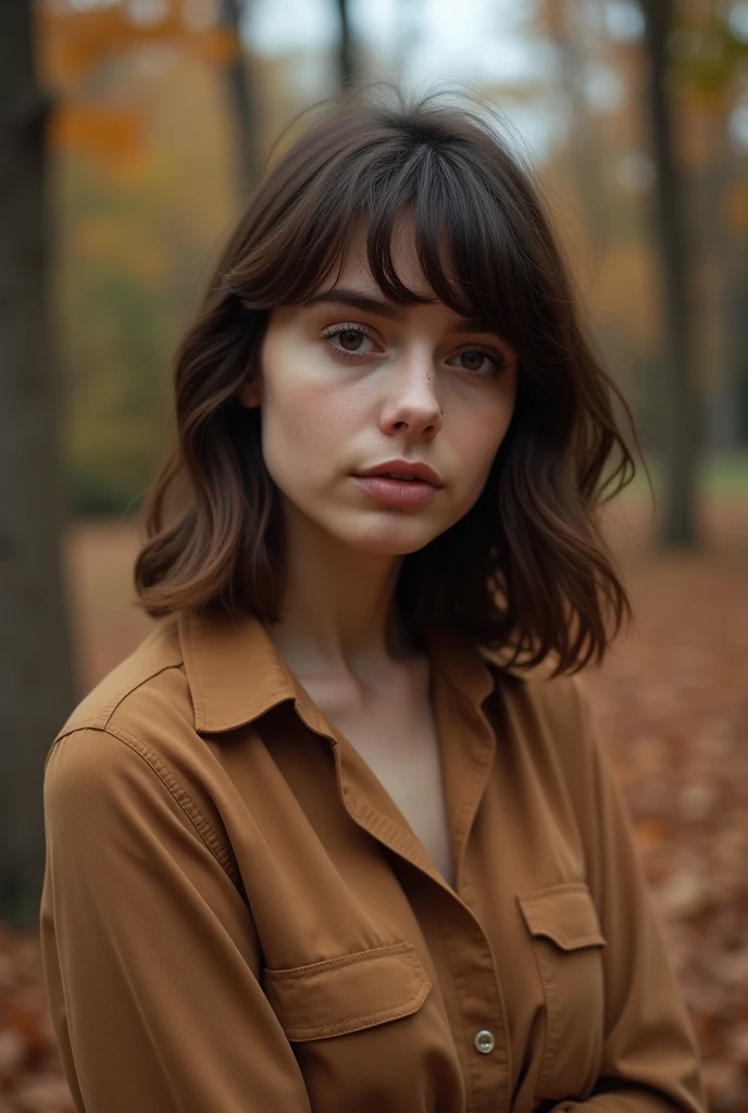 an Italian teenager , model, film grain, autumn , light brown blouse
, Negative energy , beautiful brown eyes, Wavy hair with bangs Posing for social media