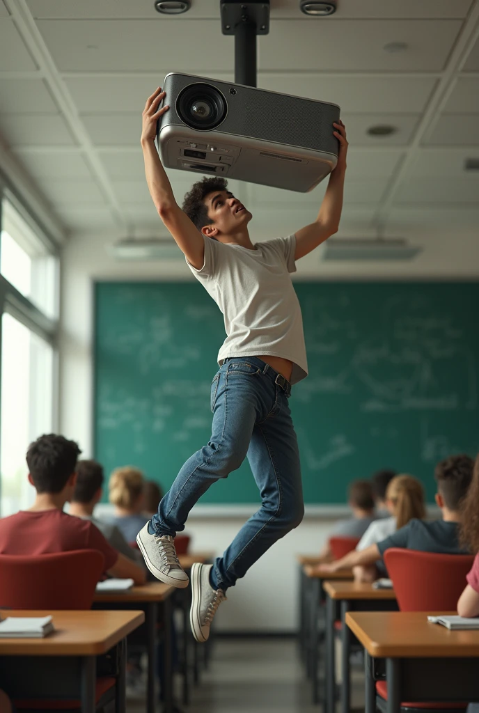 A college boy hanging on the projector while switching on it unfortunately slips the leg grip and almost gonna fall 