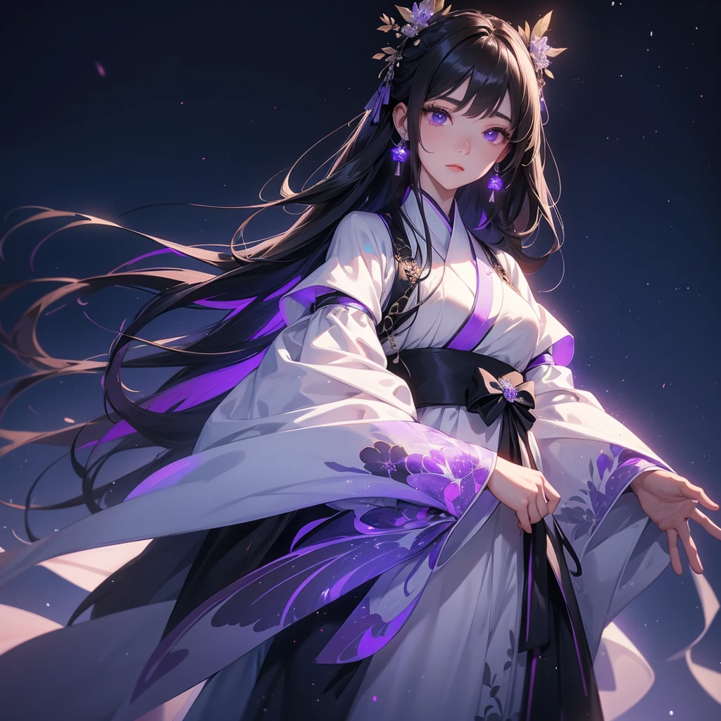 A beautiful female in white-black hanfu dress , Standing in the middle of Background is a dark moonless night, with dry trees in the background, and purple glowing light , close up.