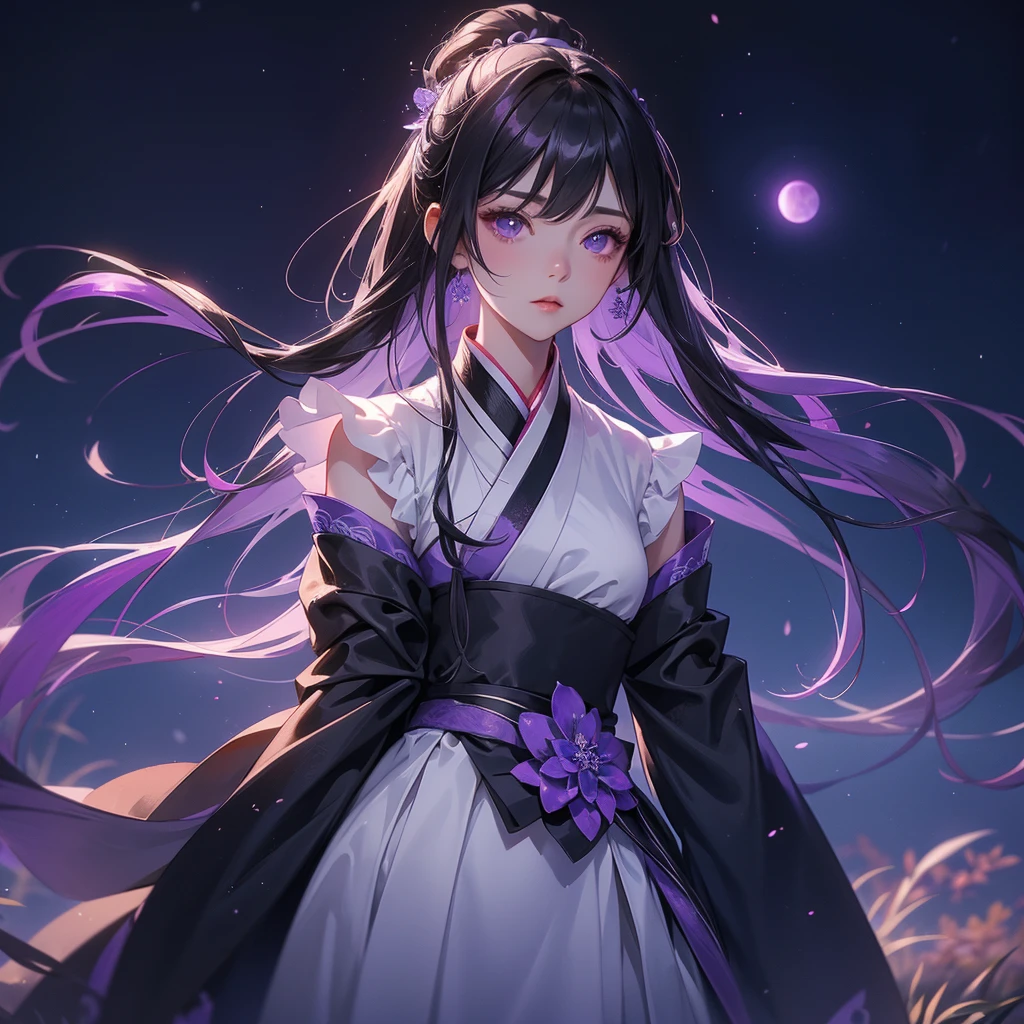 A beautiful female in white-black hanfu dress , Standing in the middle of Background is a dark moonless night, with dry trees in the background, and purple glowing light , close up.