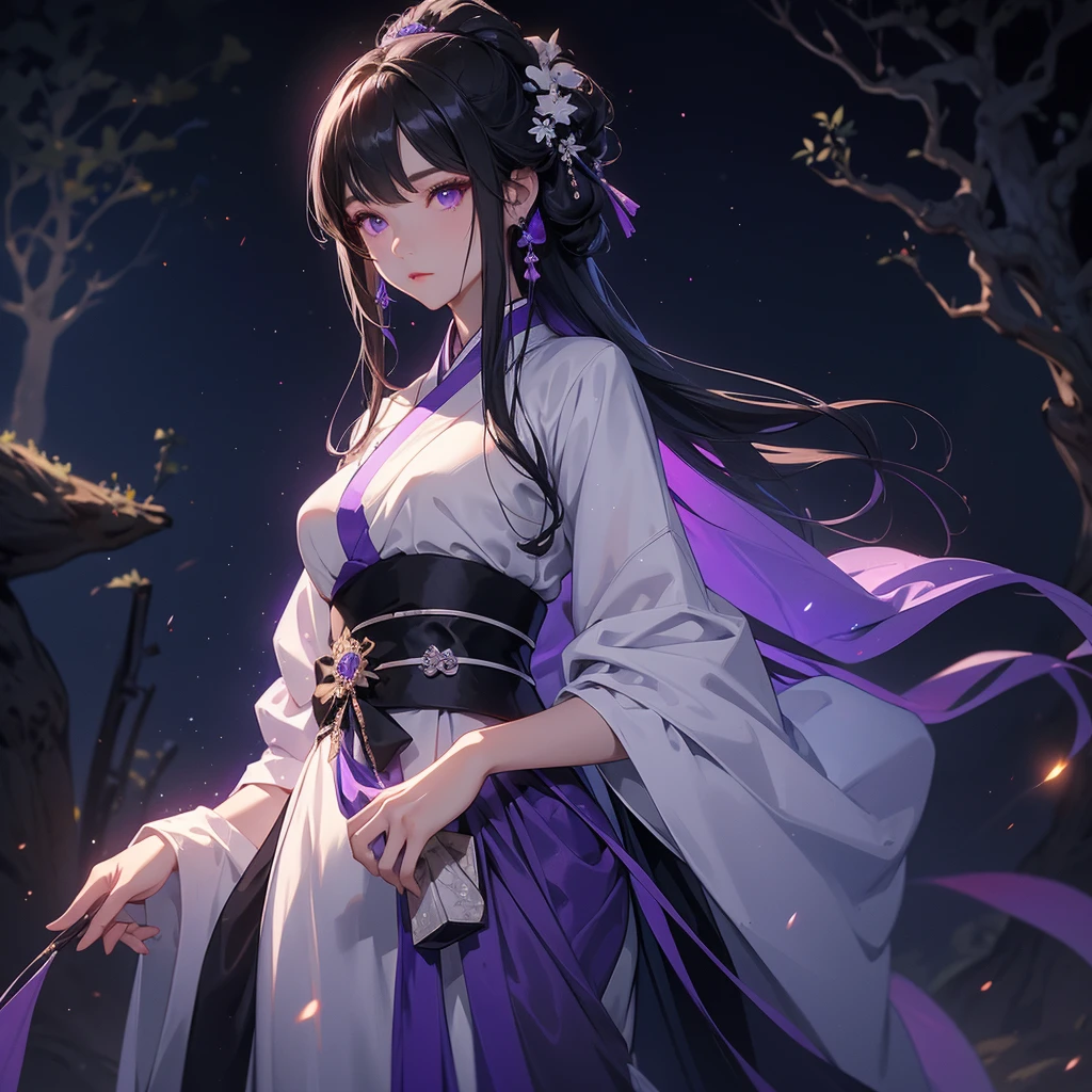 A beautiful female in white-black hanfu dress , Standing in the middle of Background is a dark moonless night, with dry trees in the background, and purple glowing light , close up.