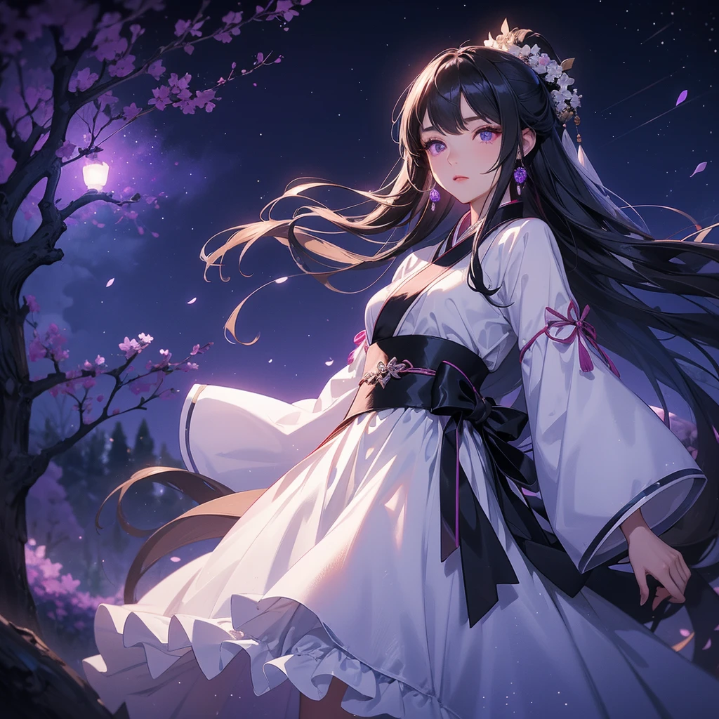 A beautiful female in white-black hanfu dress , Standing in the middle of Background is a dark moonless night, with dry trees in the background, and purple glowing light , close up.
