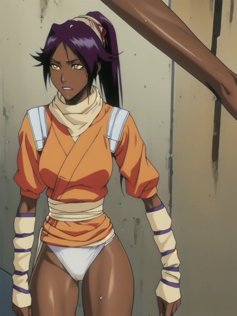 (best qualityer, high resolution:1.1), Shihouin Yoruichi, orange shirt, white panties and wet, shirt accessory, Waist accessory, tissue, leg warmers, shoulderpads, detached sleeves,  1 girl, standing alone, darkskinned female, darkskin, long ponytail hair, parted bangs, cabelo roxo, yellow  eyes, 