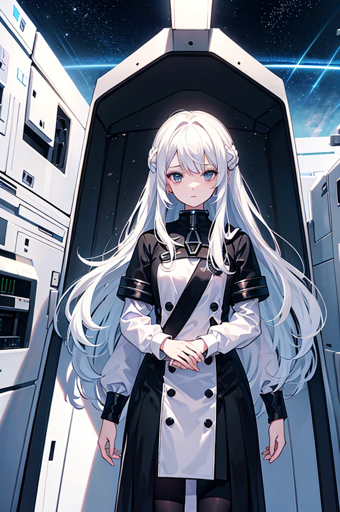 White hair，Girl，Space battleship，Gloomy environment，Masterpiece，high quality